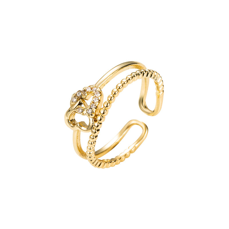 Wholesale new double-layer heart-shaped open copper micro inlaid zircon ring fashion color retaining electroplated 18K gold ring